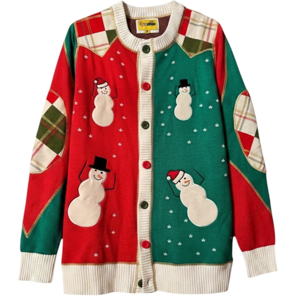Tipsy Elves Cardigan XXL Red Green Snowman Applique Ugly Christmas Sweater Tacky
